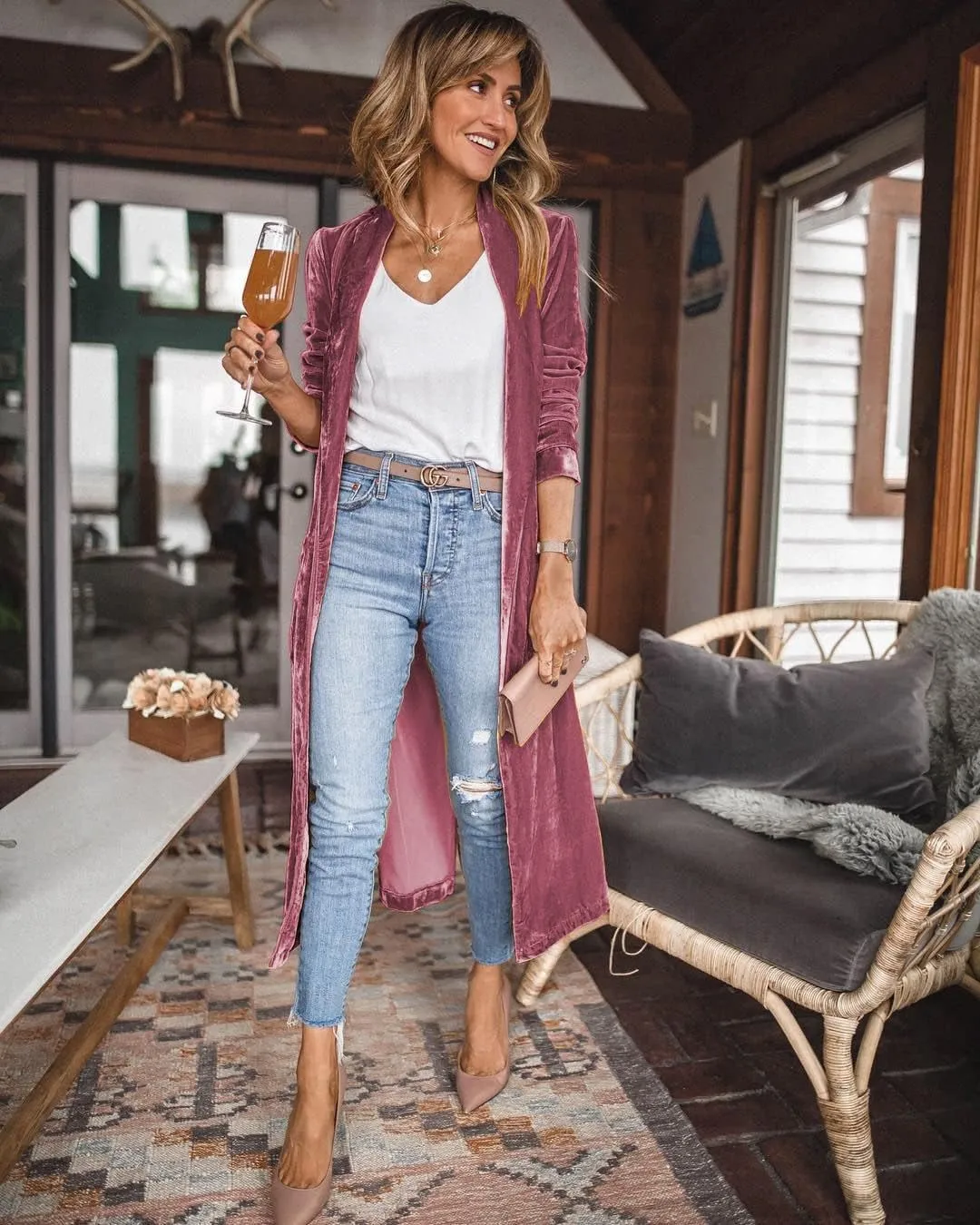 Women's Long Velvet Cardigan Jacket Lapel Collar Open Front Vintage Cardigan Sweater with Pocket