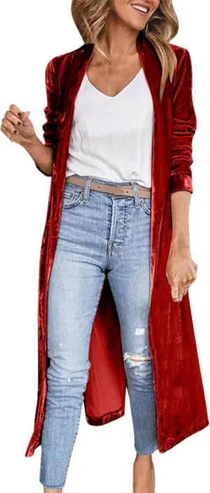 Women's Long Velvet Cardigan Jacket Lapel Collar Open Front Vintage Cardigan Sweater with Pocket