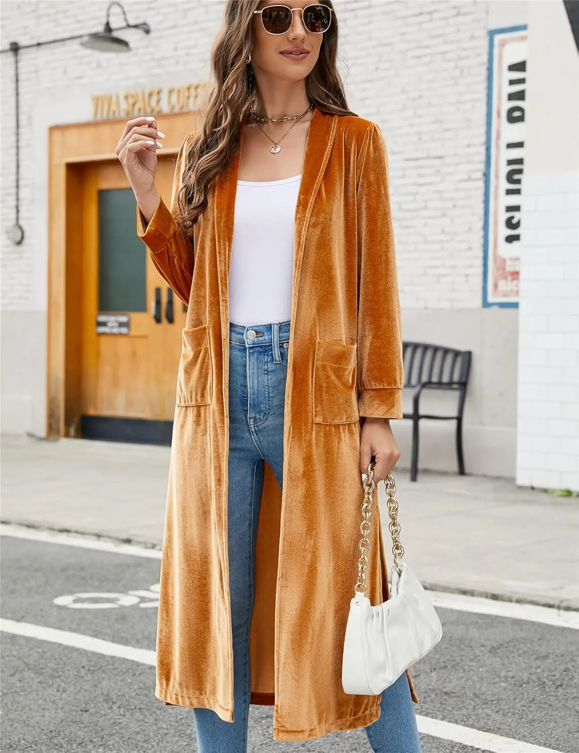 Women's Long Velvet Cardigan Jacket Lapel Collar Open Front Vintage Cardigan Sweater with Pocket