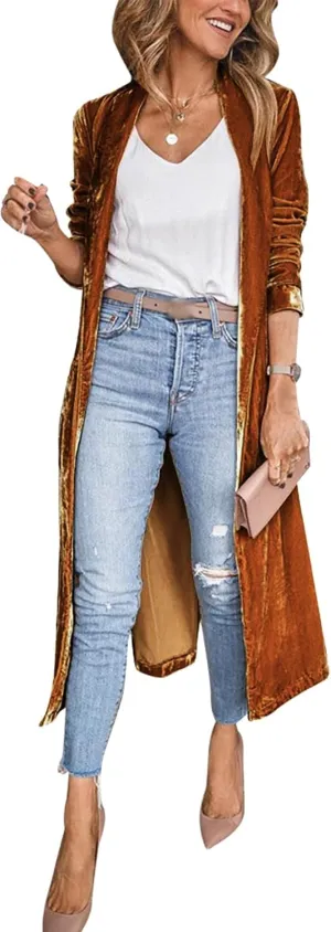 Women's Long Velvet Cardigan Jacket Lapel Collar Open Front Vintage Cardigan Sweater with Pocket