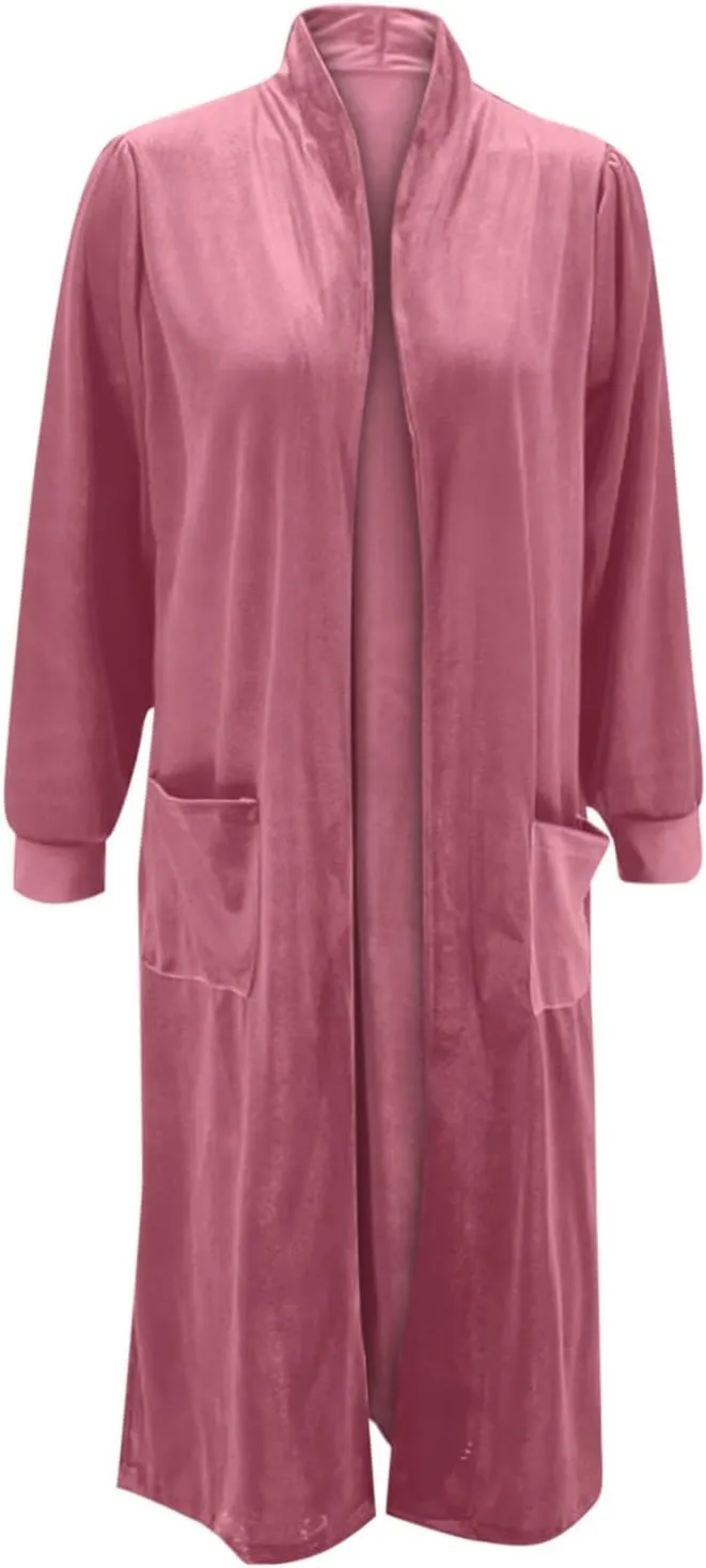Women's Long Velvet Cardigan Jacket Lapel Collar Open Front Vintage Cardigan Sweater with Pocket