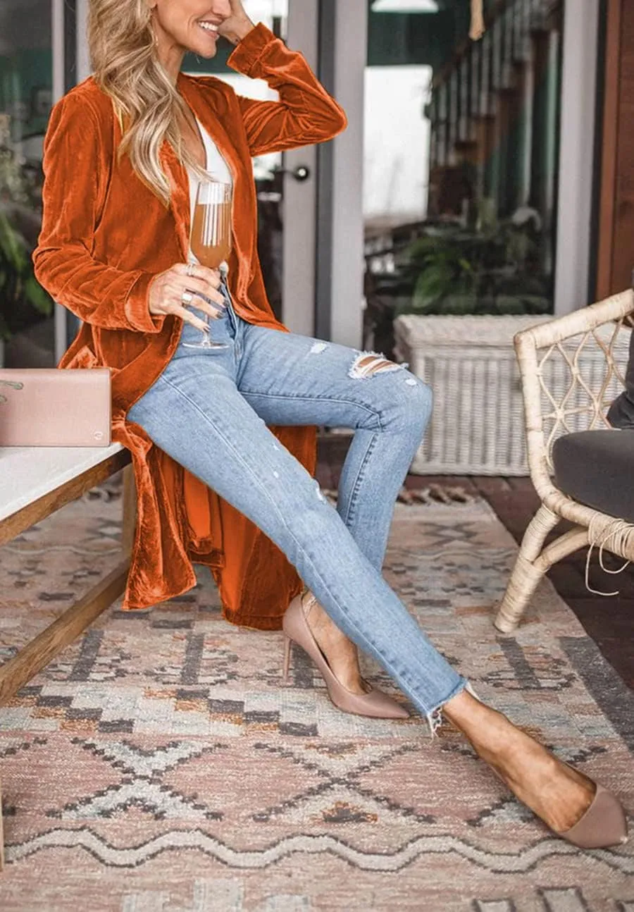 Women's Long Velvet Cardigan Jacket Lapel Collar Open Front Vintage Cardigan Sweater with Pocket