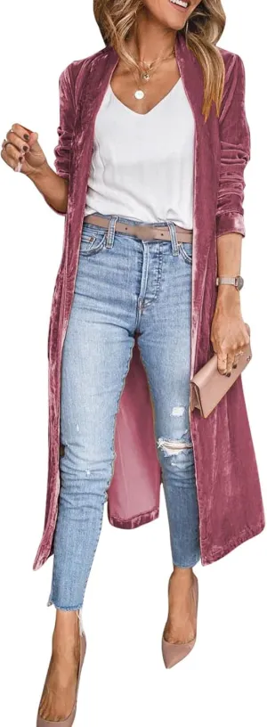 Women's Long Velvet Cardigan Jacket Lapel Collar Open Front Vintage Cardigan Sweater with Pocket