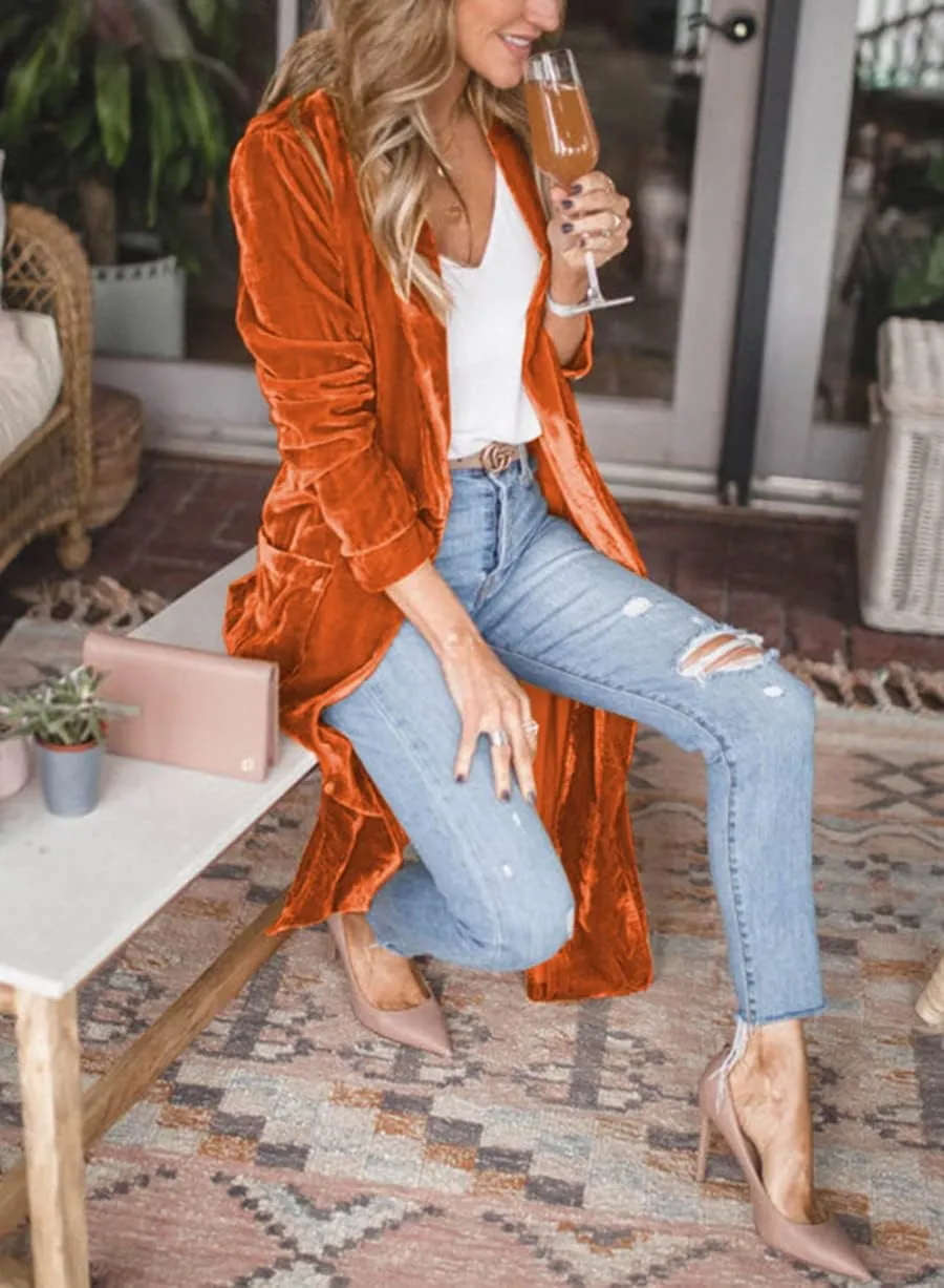 Women's Long Velvet Cardigan Jacket Lapel Collar Open Front Vintage Cardigan Sweater with Pocket