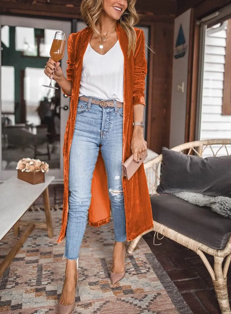 Women's Long Velvet Cardigan Jacket Lapel Collar Open Front Vintage Cardigan Sweater with Pocket
