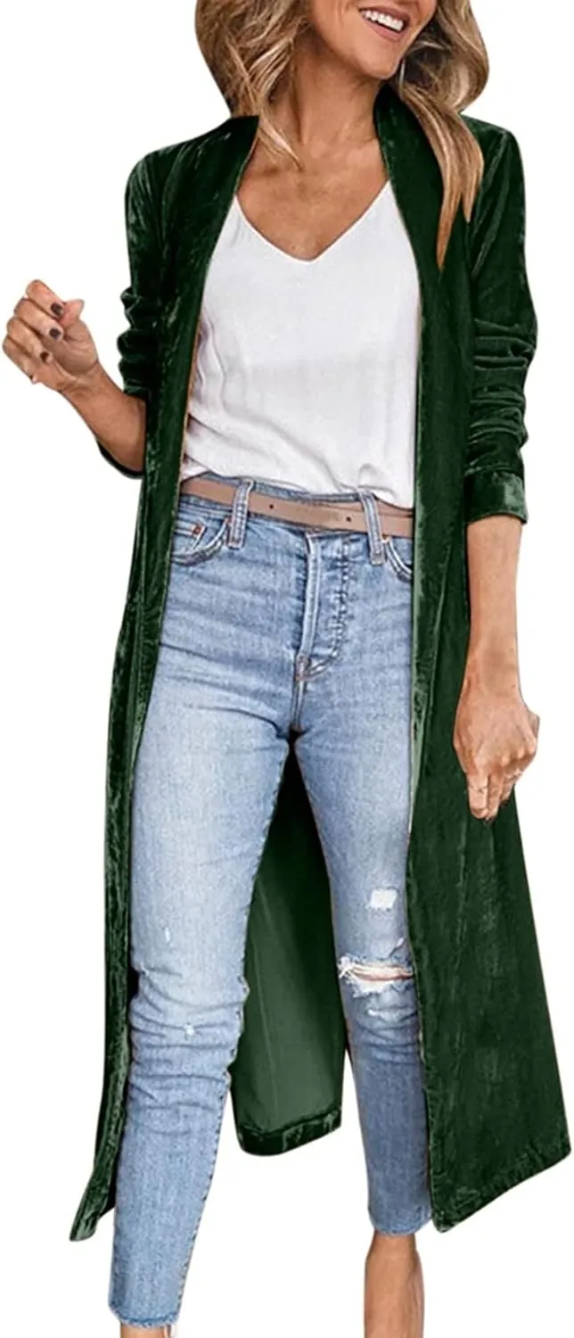 Women's Long Velvet Cardigan Jacket Lapel Collar Open Front Vintage Cardigan Sweater with Pocket