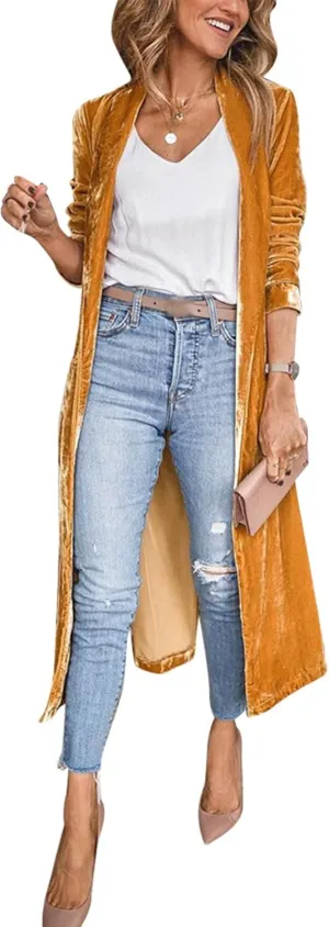 Women's Long Velvet Cardigan Jacket Lapel Collar Open Front Vintage Cardigan Sweater with Pocket