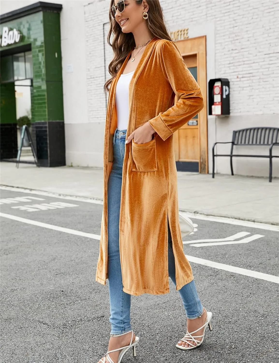 Women's Long Velvet Cardigan Jacket Lapel Collar Open Front Vintage Cardigan Sweater with Pocket