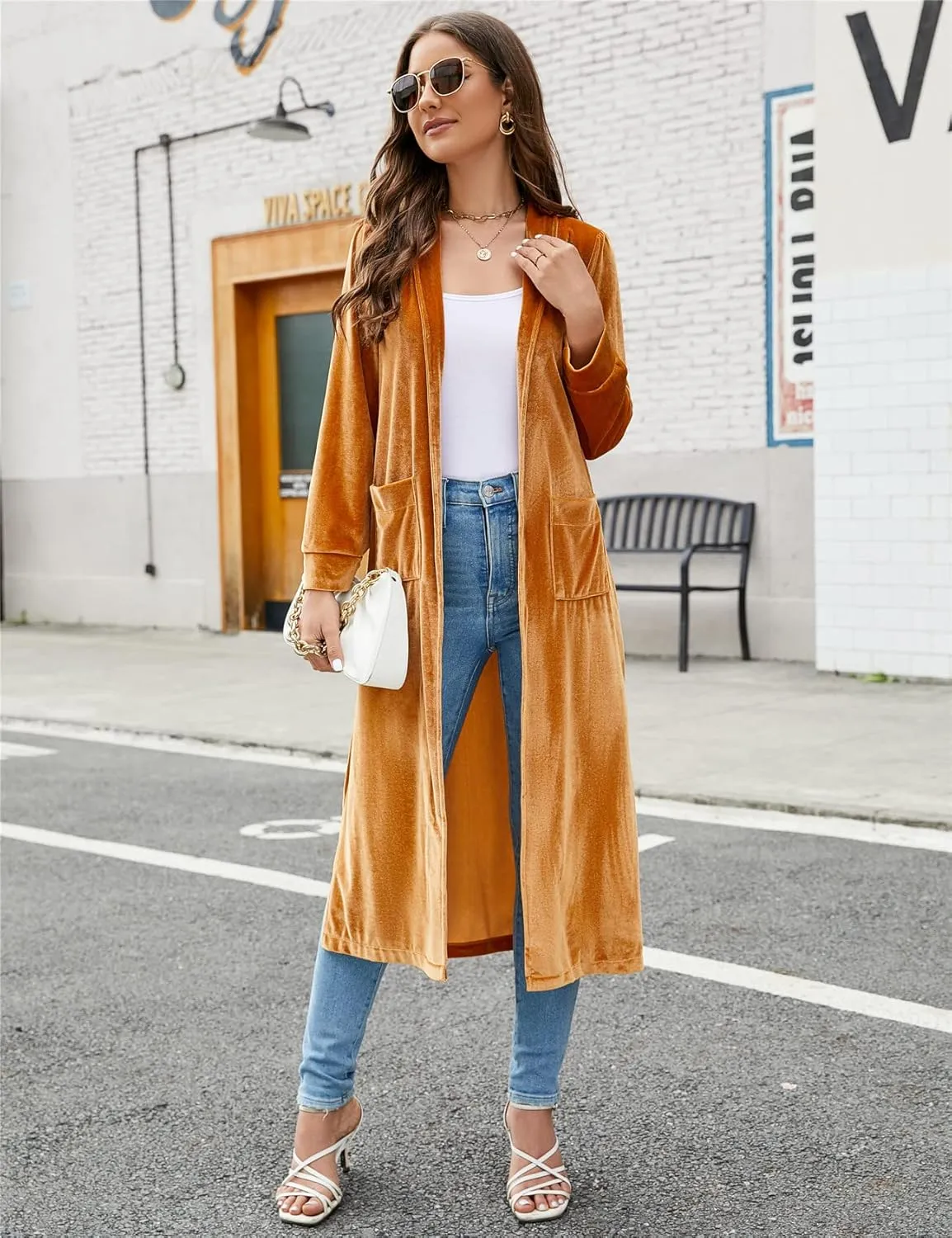 Women's Long Velvet Cardigan Jacket Lapel Collar Open Front Vintage Cardigan Sweater with Pocket