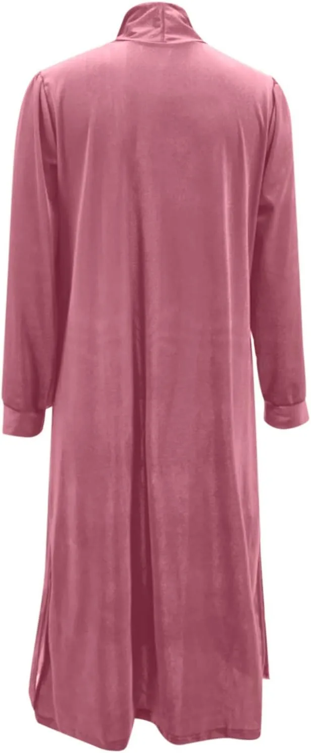 Women's Long Velvet Cardigan Jacket Lapel Collar Open Front Vintage Cardigan Sweater with Pocket