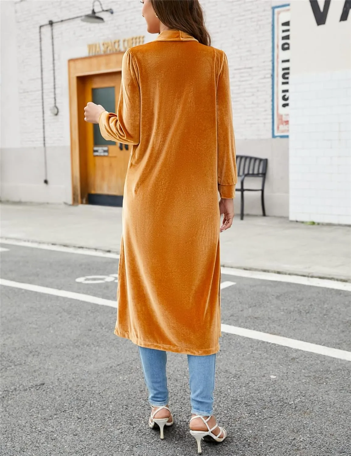 Women's Long Velvet Cardigan Jacket Lapel Collar Open Front Vintage Cardigan Sweater with Pocket