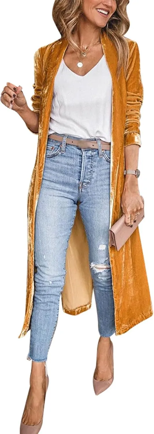 Women's Long Velvet Cardigan Jacket Lapel Collar Open Front Vintage Cardigan Sweater with Pocket