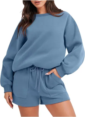 Womens Lounge Sets 2 Piece Outfits Oversized Long Sleeve Hoodies Sweatsuit Casual Sweat Shorts Matching Tracksuit