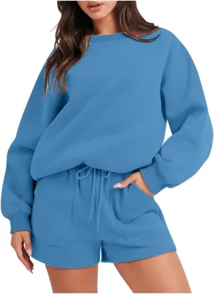 Womens Lounge Sets 2 Piece Outfits Oversized Long Sleeve Hoodies Sweatsuit Casual Sweat Shorts Matching Tracksuit