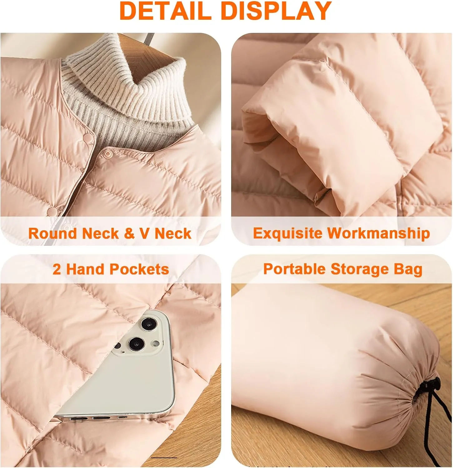 Women's Packable Puffer Jacket Lightweight Down Jacket-Round Neck & V Neck-Water-Resistant Warm Puffy Jacket