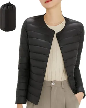 Women's Packable Puffer Jacket Lightweight Down Jacket-Round Neck & V Neck-Water-Resistant Warm Puffy Jacket