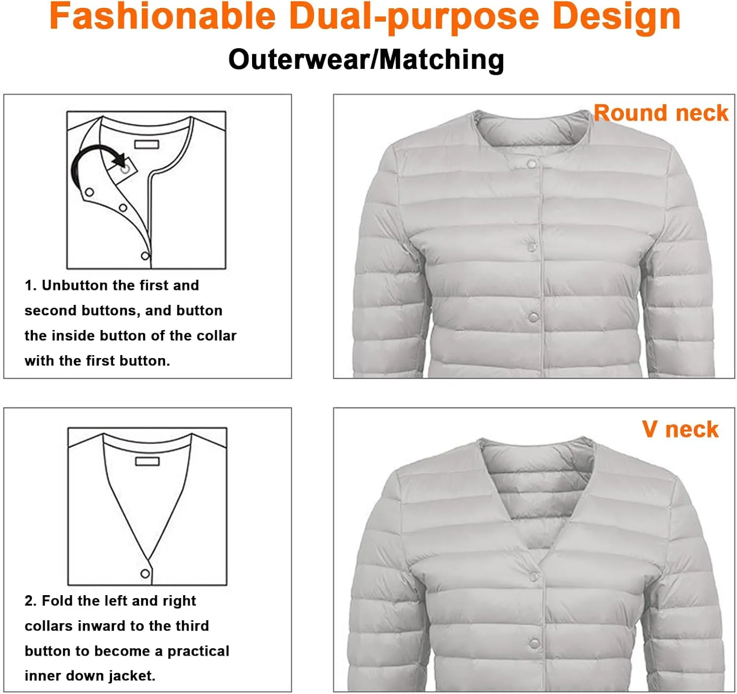 Women's Packable Puffer Jacket Lightweight Down Jacket-Round Neck & V Neck-Water-Resistant Warm Puffy Jacket