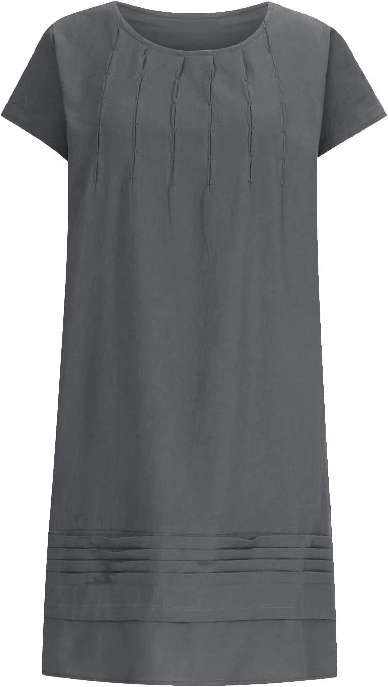 Women's Plus Size Cotton Linen Tiered Midi Dresses Short Sleeve Knee Length Shirred Dress Boho Loose Flowy Sundresses