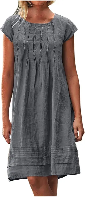 Women's Plus Size Cotton Linen Tiered Midi Dresses Short Sleeve Knee Length Shirred Dress Boho Loose Flowy Sundresses