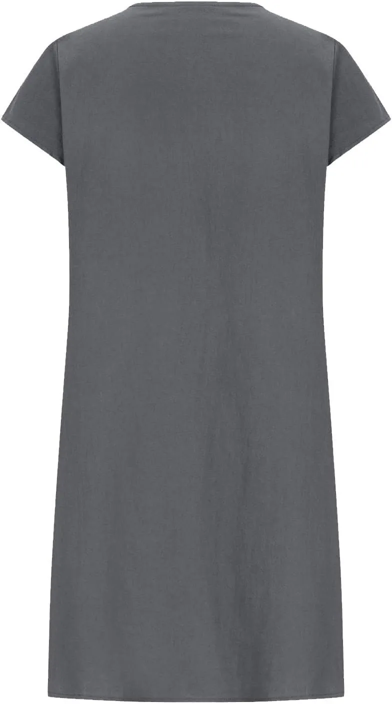 Women's Plus Size Cotton Linen Tiered Midi Dresses Short Sleeve Knee Length Shirred Dress Boho Loose Flowy Sundresses