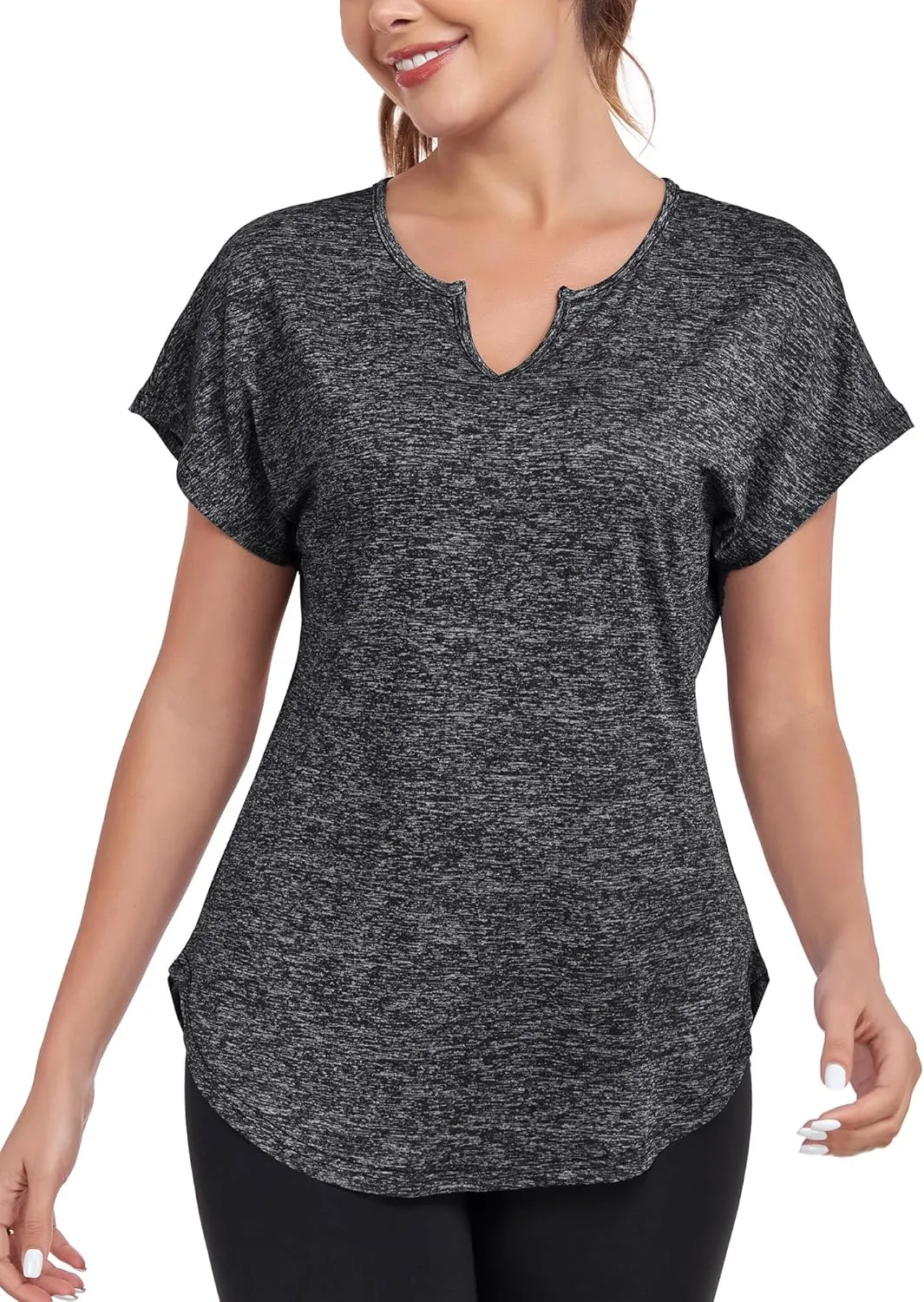 Women's Short Sleeve Workout Shirts V Neck Exercise Yoga Basic Top Quick Dry Side Split