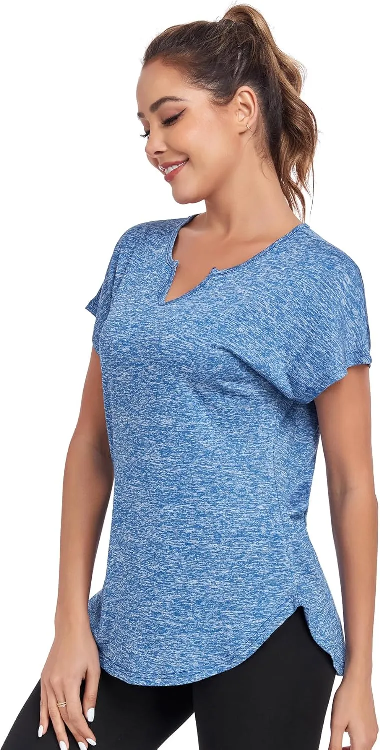 Women's Short Sleeve Workout Shirts V Neck Exercise Yoga Basic Top Quick Dry Side Split
