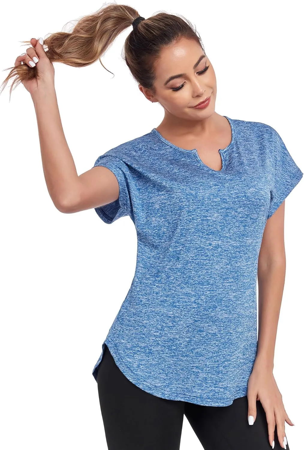 Women's Short Sleeve Workout Shirts V Neck Exercise Yoga Basic Top Quick Dry Side Split