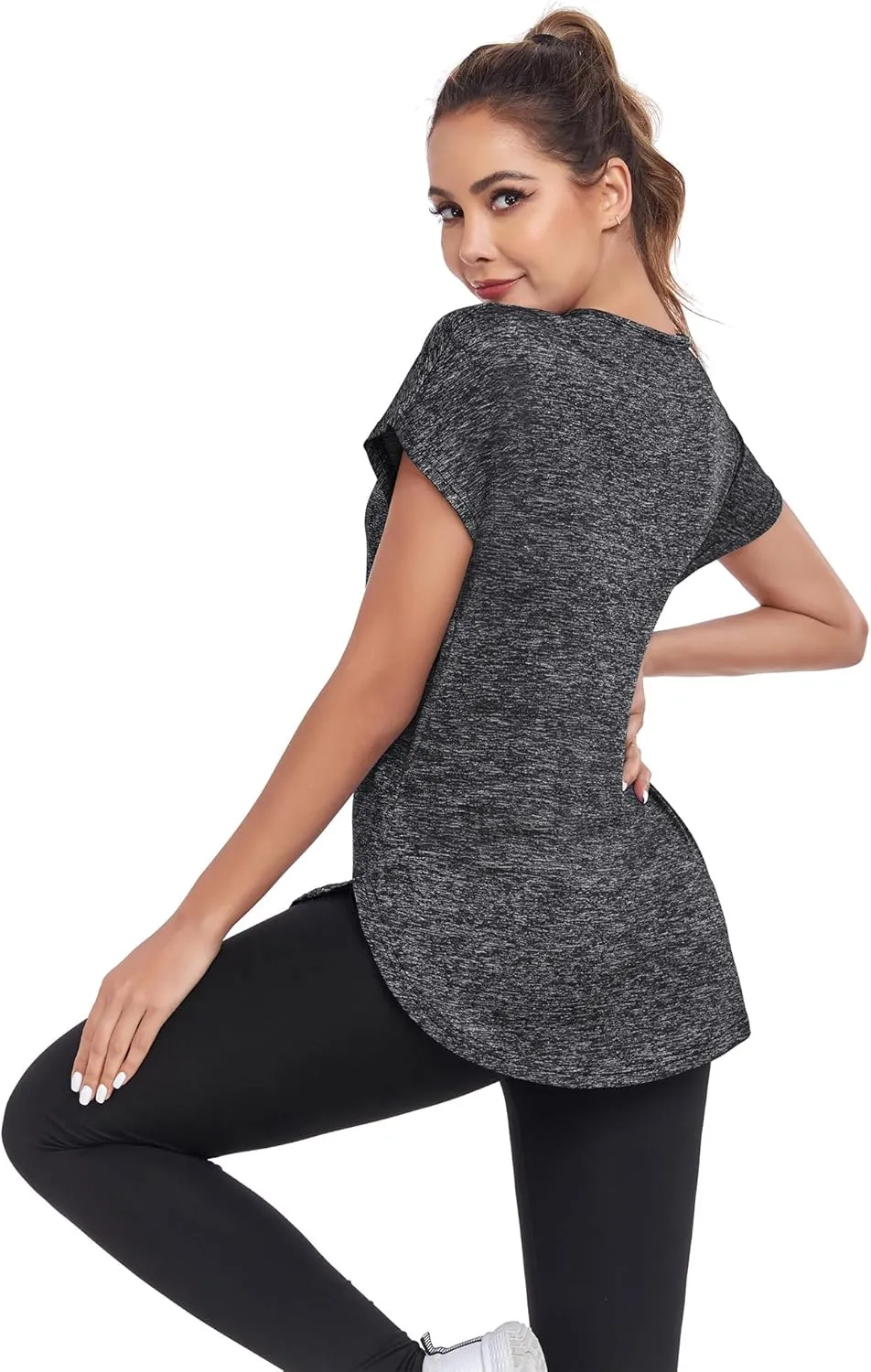 Women's Short Sleeve Workout Shirts V Neck Exercise Yoga Basic Top Quick Dry Side Split