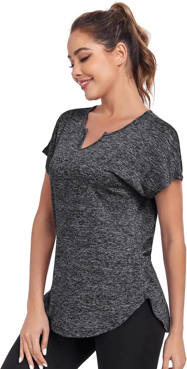 Women's Short Sleeve Workout Shirts V Neck Exercise Yoga Basic Top Quick Dry Side Split