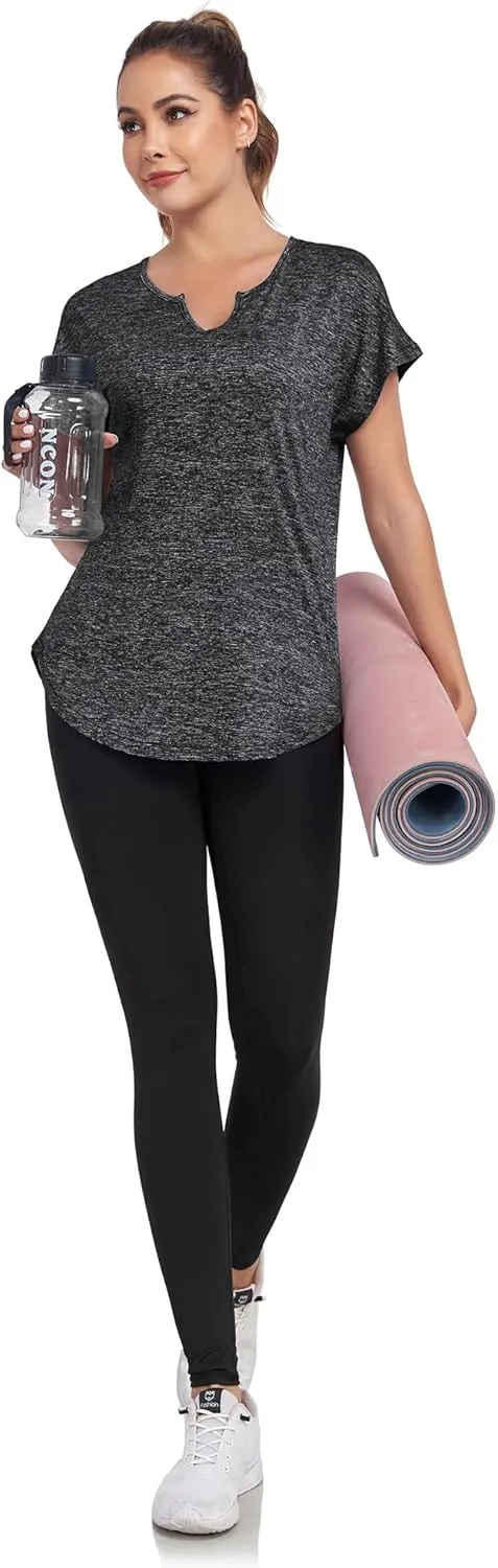 Women's Short Sleeve Workout Shirts V Neck Exercise Yoga Basic Top Quick Dry Side Split