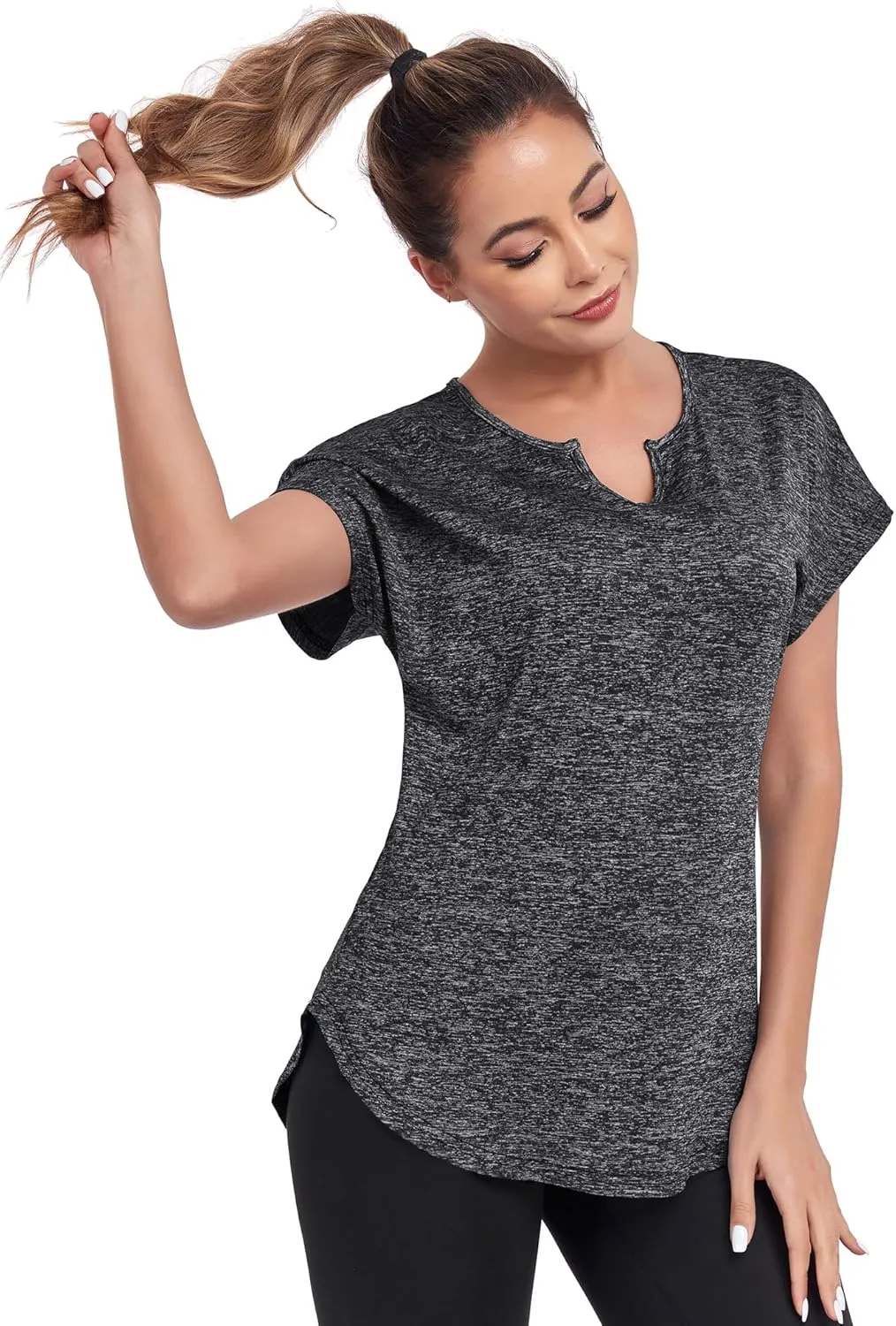 Women's Short Sleeve Workout Shirts V Neck Exercise Yoga Basic Top Quick Dry Side Split