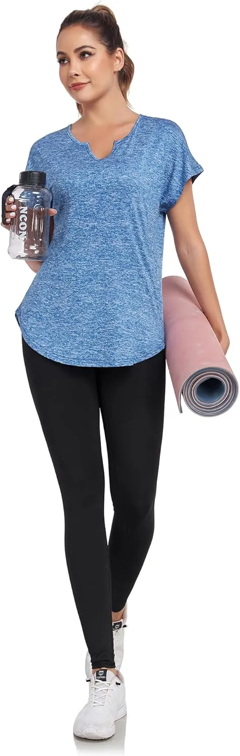 Women's Short Sleeve Workout Shirts V Neck Exercise Yoga Basic Top Quick Dry Side Split