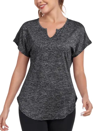 Women's Short Sleeve Workout Shirts V Neck Exercise Yoga Basic Top Quick Dry Side Split