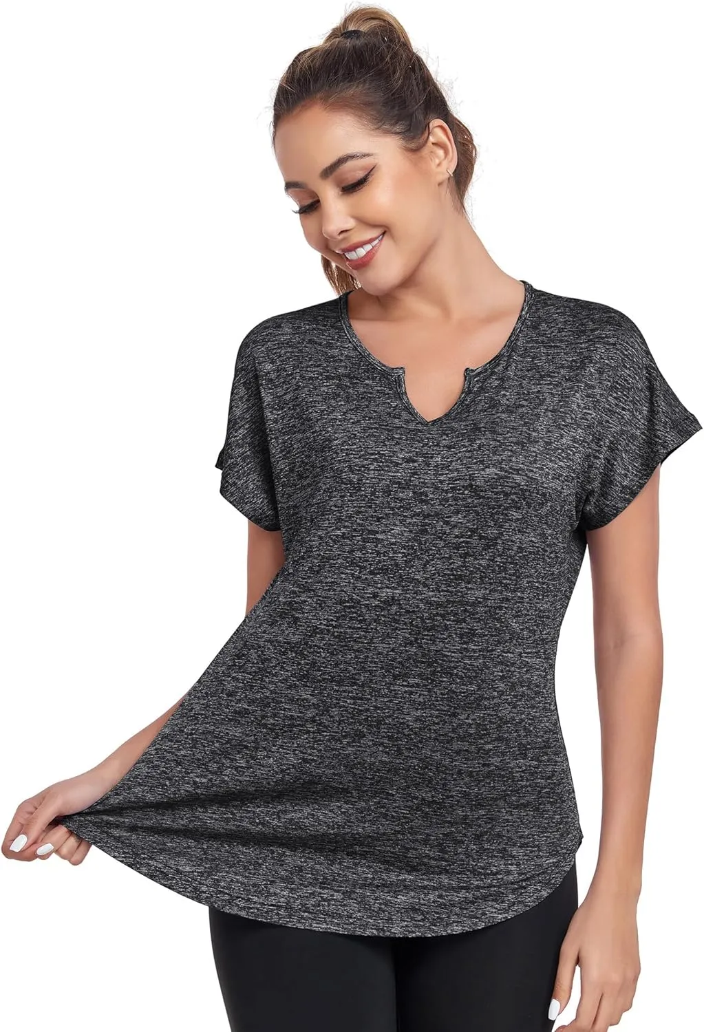 Women's Short Sleeve Workout Shirts V Neck Exercise Yoga Basic Top Quick Dry Side Split