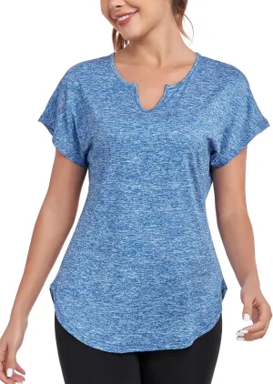 Women's Short Sleeve Workout Shirts V Neck Exercise Yoga Basic Top Quick Dry Side Split