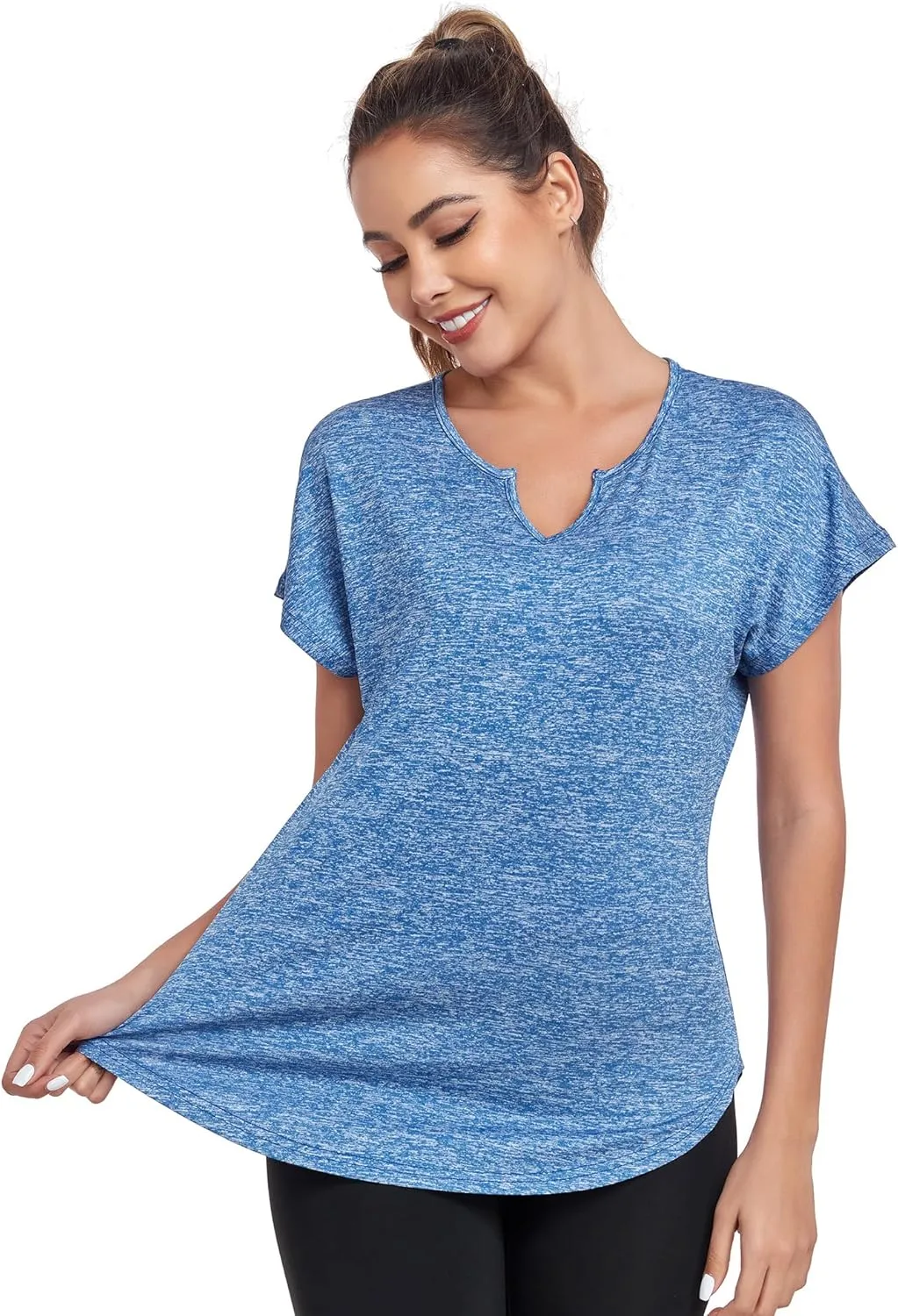 Women's Short Sleeve Workout Shirts V Neck Exercise Yoga Basic Top Quick Dry Side Split