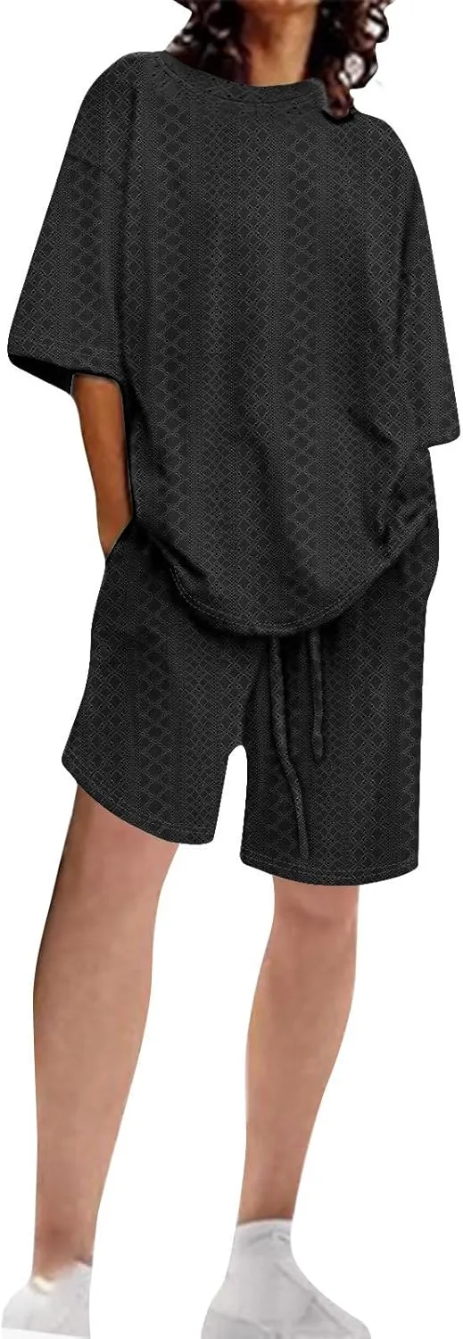 Womens Summer Beach Vacation Outfits 2024 2 Piece Short Set Oversized Tshirt Bermuda Shorts Matching Lounge Sets