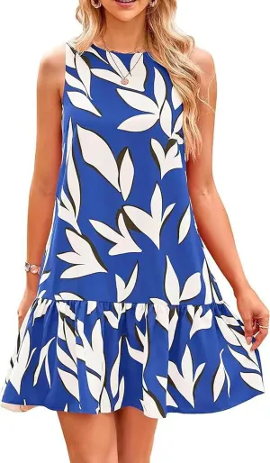 Women's Summer Floral Dress Sleeveless Cut Out Backless Ruffle Hem Boho Dresses Beach Vacation Mini Sundresses