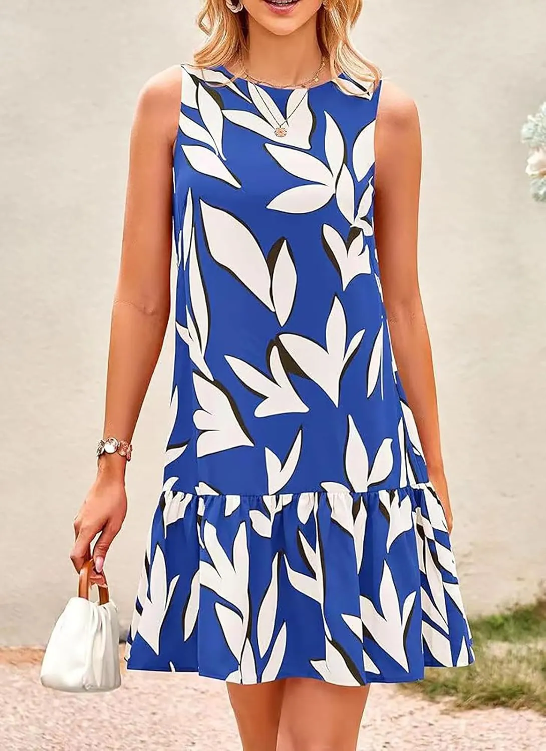 Women's Summer Floral Dress Sleeveless Cut Out Backless Ruffle Hem Boho Dresses Beach Vacation Mini Sundresses