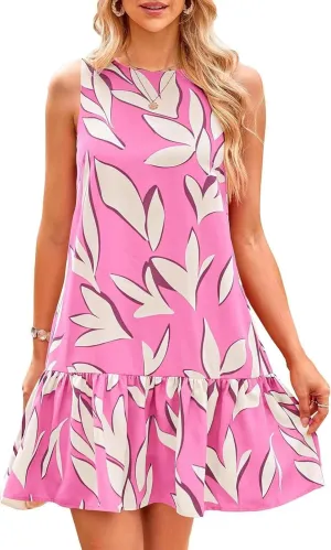 Women's Summer Floral Dress Sleeveless Cut Out Backless Ruffle Hem Boho Dresses Beach Vacation Mini Sundresses