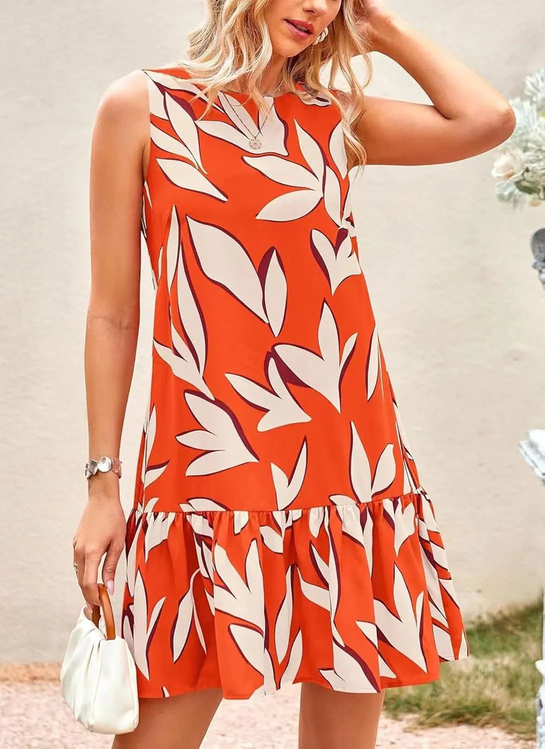 Women's Summer Floral Dress Sleeveless Cut Out Backless Ruffle Hem Boho Dresses Beach Vacation Mini Sundresses