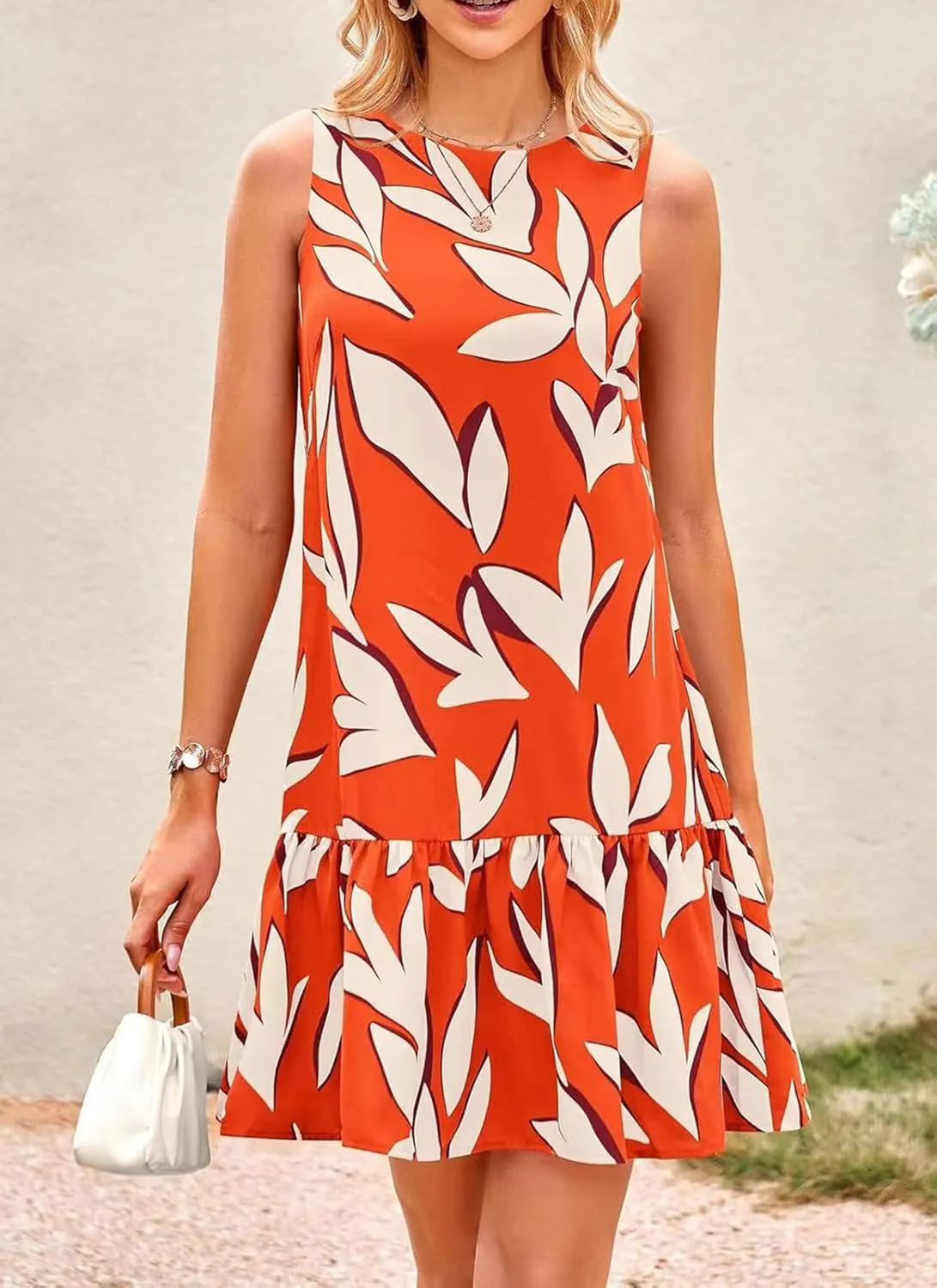 Women's Summer Floral Dress Sleeveless Cut Out Backless Ruffle Hem Boho Dresses Beach Vacation Mini Sundresses