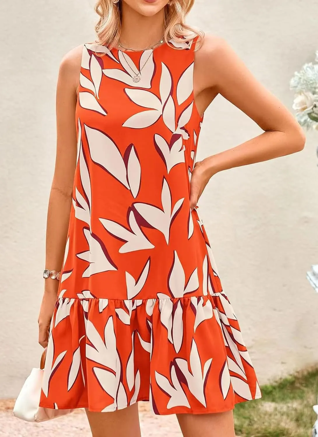 Women's Summer Floral Dress Sleeveless Cut Out Backless Ruffle Hem Boho Dresses Beach Vacation Mini Sundresses