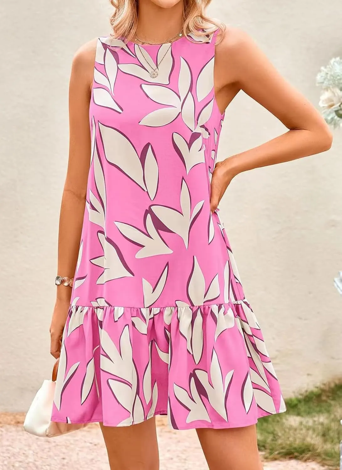Women's Summer Floral Dress Sleeveless Cut Out Backless Ruffle Hem Boho Dresses Beach Vacation Mini Sundresses