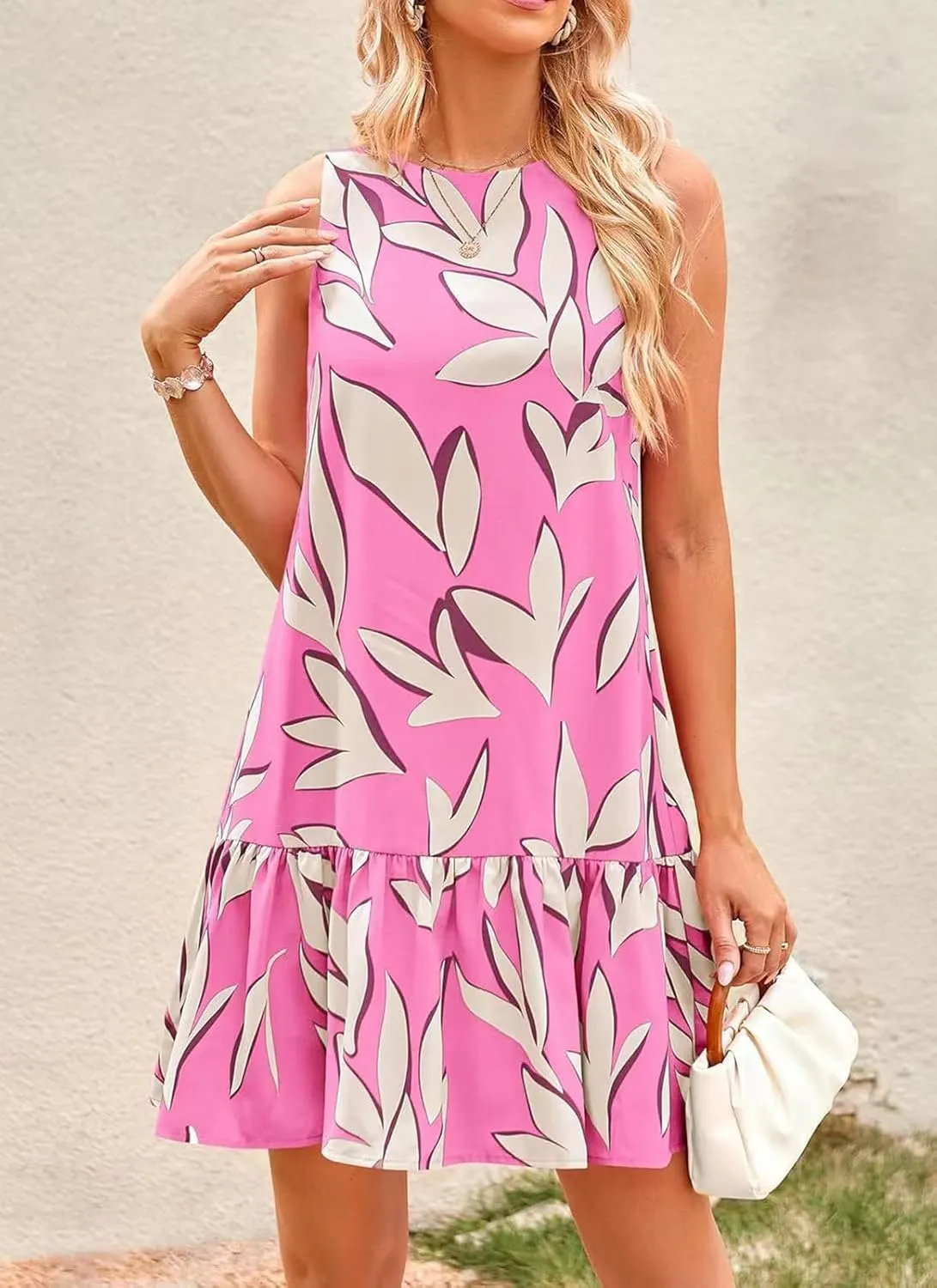 Women's Summer Floral Dress Sleeveless Cut Out Backless Ruffle Hem Boho Dresses Beach Vacation Mini Sundresses