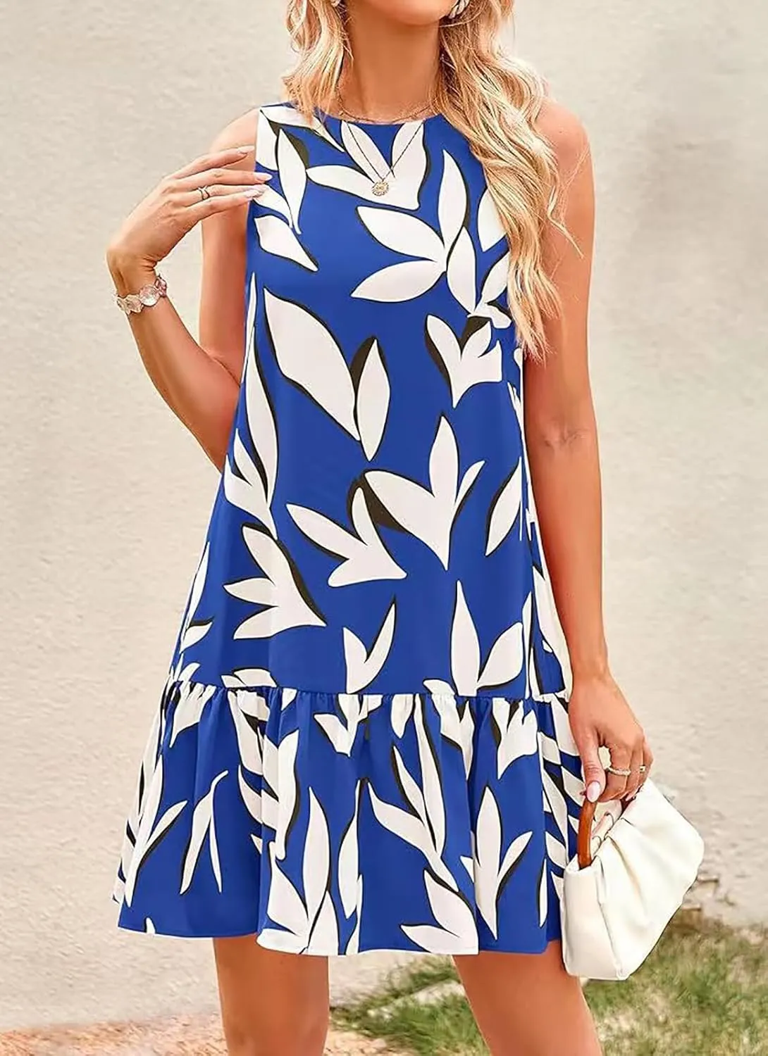 Women's Summer Floral Dress Sleeveless Cut Out Backless Ruffle Hem Boho Dresses Beach Vacation Mini Sundresses