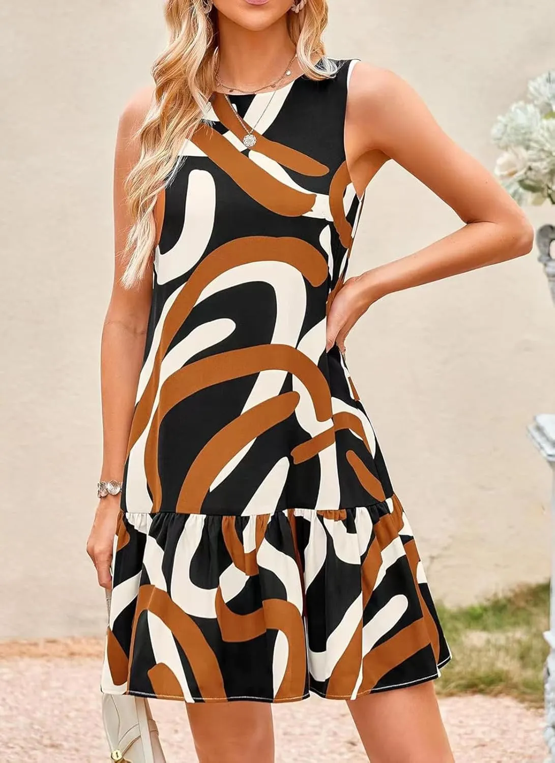 Women's Summer Floral Dress Sleeveless Cut Out Backless Ruffle Hem Boho Dresses Beach Vacation Mini Sundresses