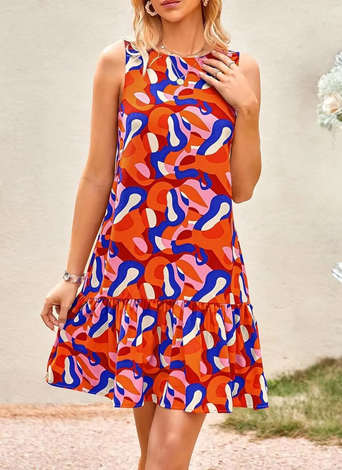Women's Summer Floral Dress Sleeveless Cut Out Backless Ruffle Hem Boho Dresses Beach Vacation Mini Sundresses
