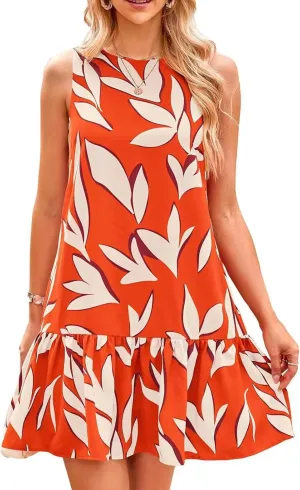 Women's Summer Floral Dress Sleeveless Cut Out Backless Ruffle Hem Boho Dresses Beach Vacation Mini Sundresses