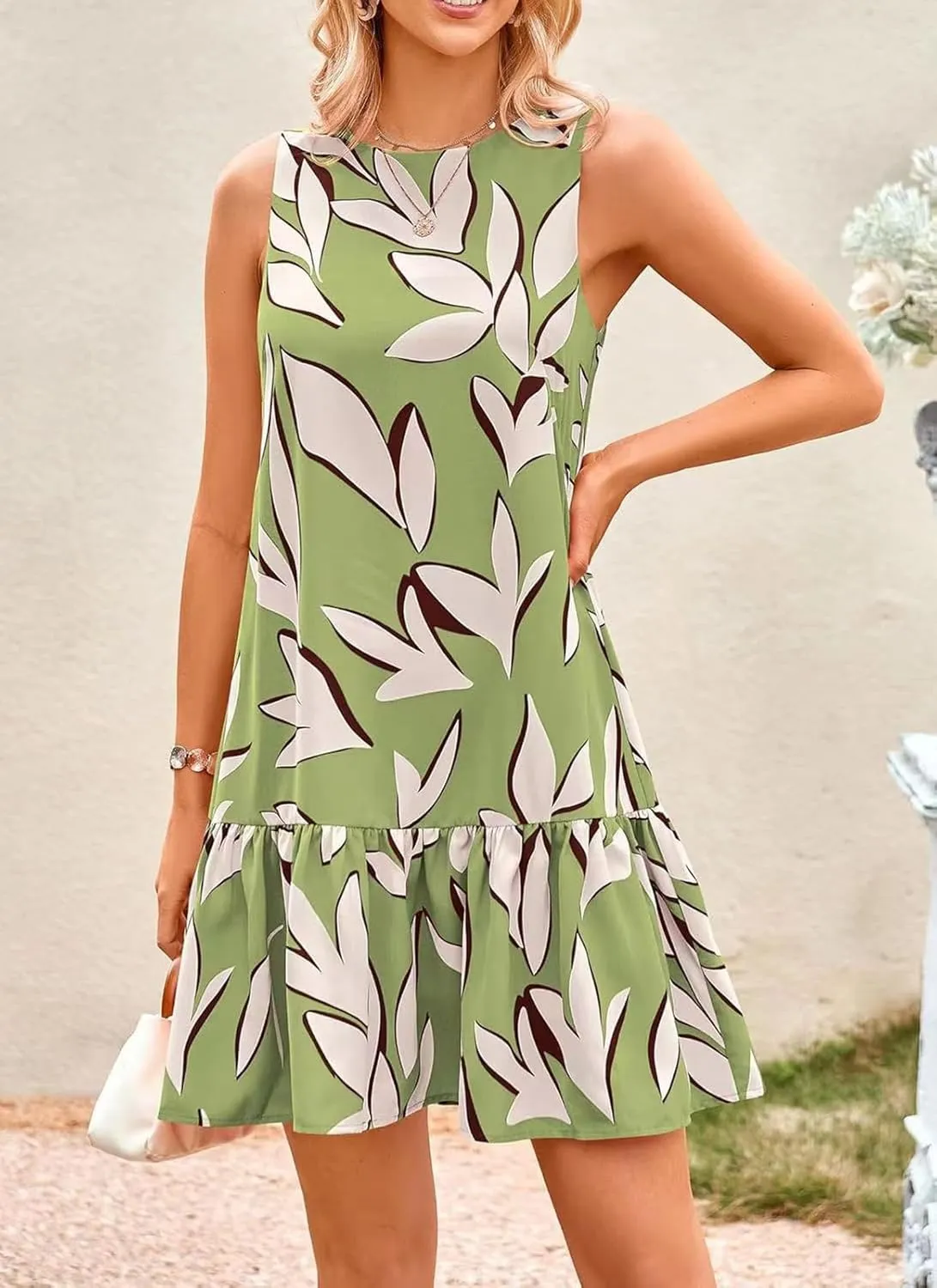 Women's Summer Floral Dress Sleeveless Cut Out Backless Ruffle Hem Boho Dresses Beach Vacation Mini Sundresses